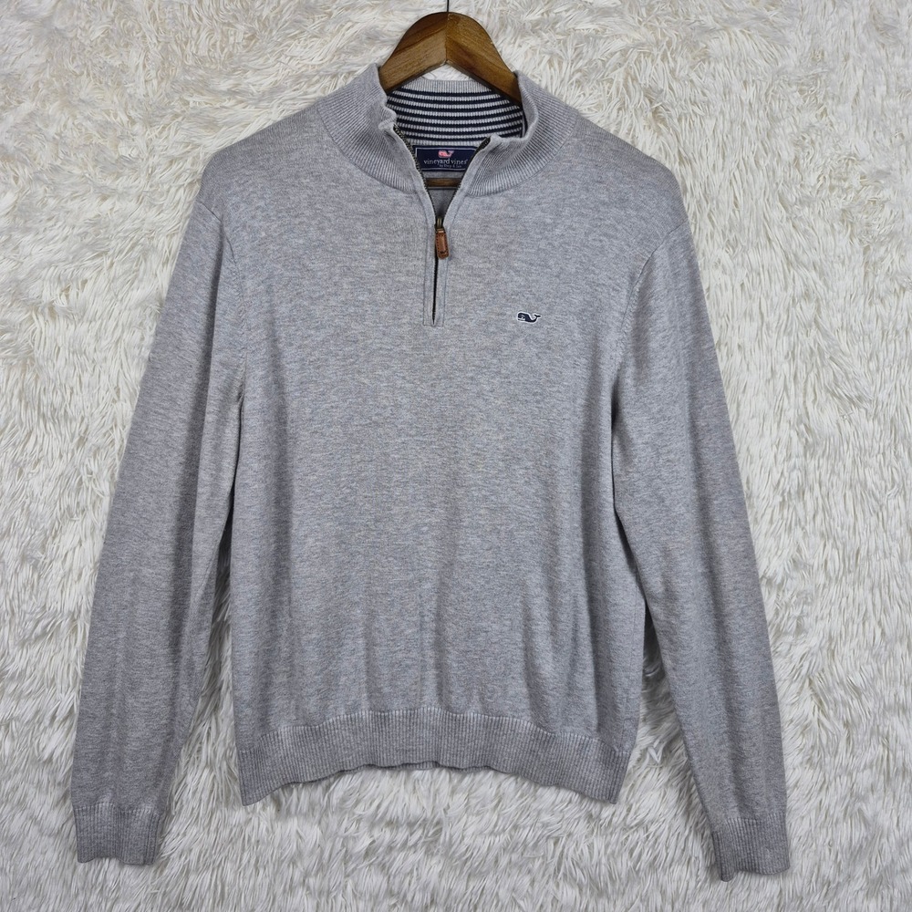 Vineyard Vines Mens Gray Cotton Quarter Zip Mock Neck Sweater Size S Preppy